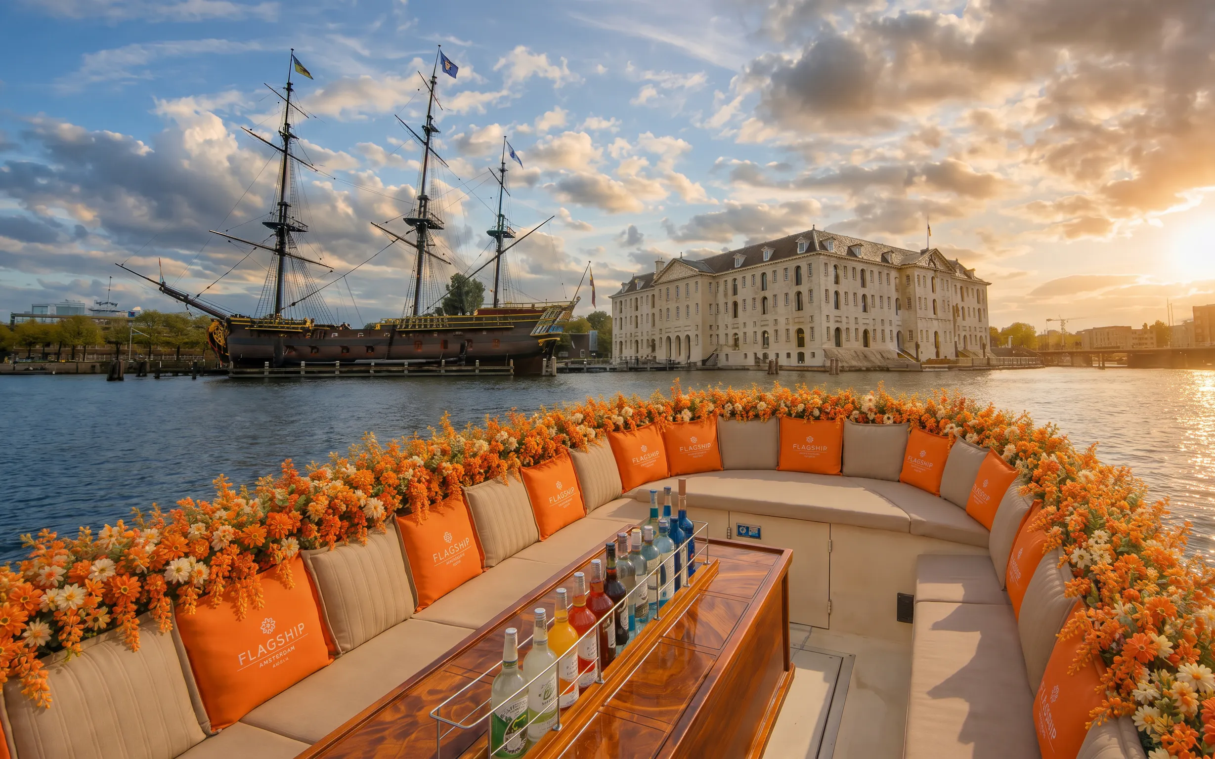 Luxury boat with drinks on Amsterdam canal near historic ship and building.