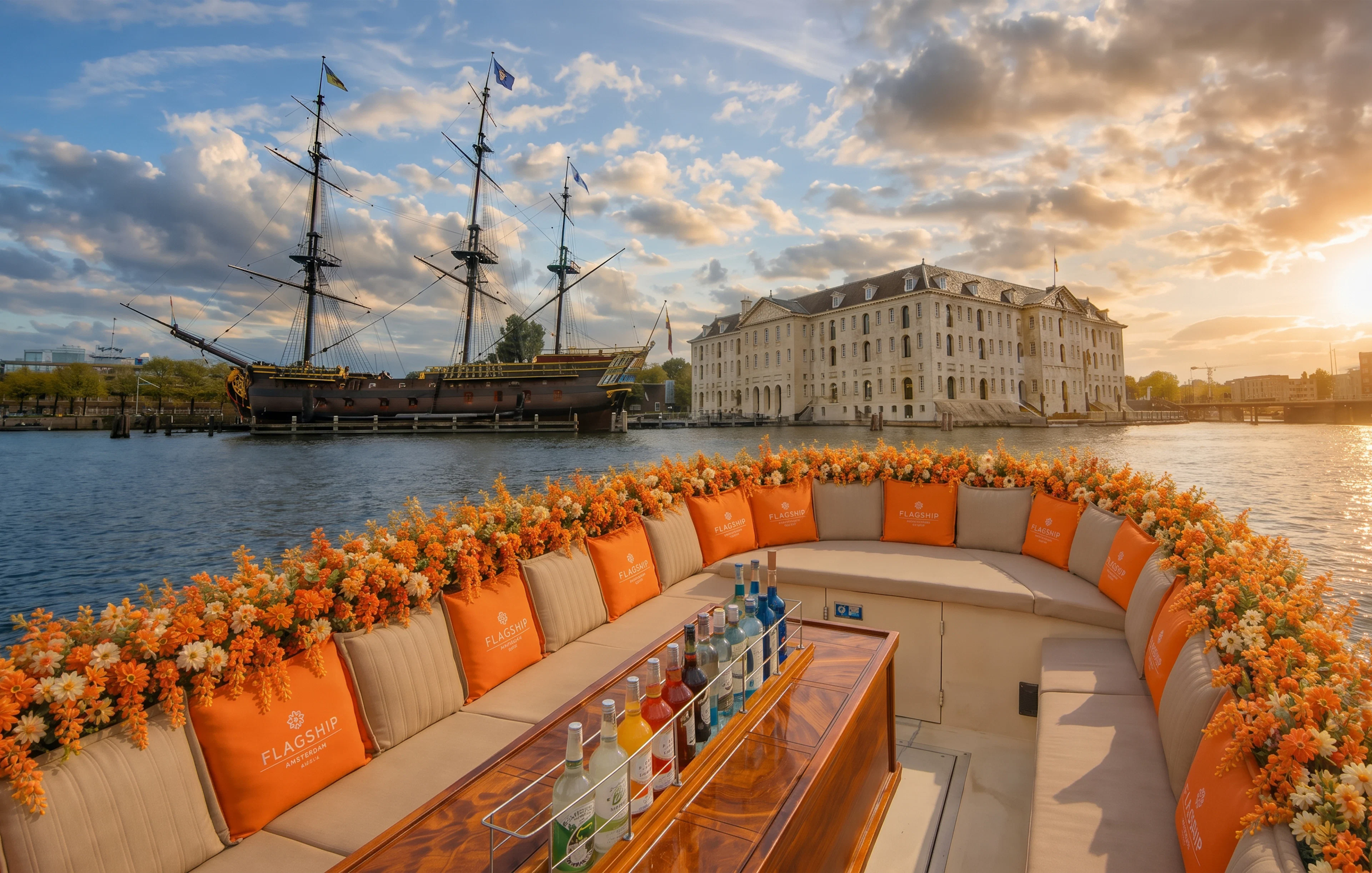 Luxury boat with drinks on Amsterdam canal near historic ship and building.