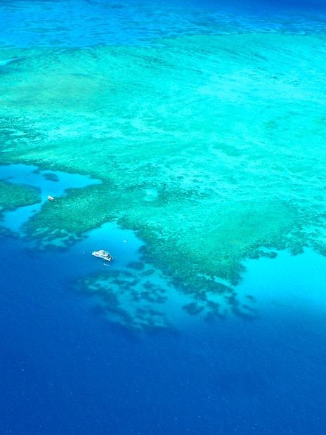 Aerial view of the Great Barrier Reef's vibrant coral formations in clear blue waters.
