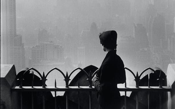 Person overlooking cityscape from a high vantage point, featured in Elliott Erwitt exhibition at Villa Bardini.