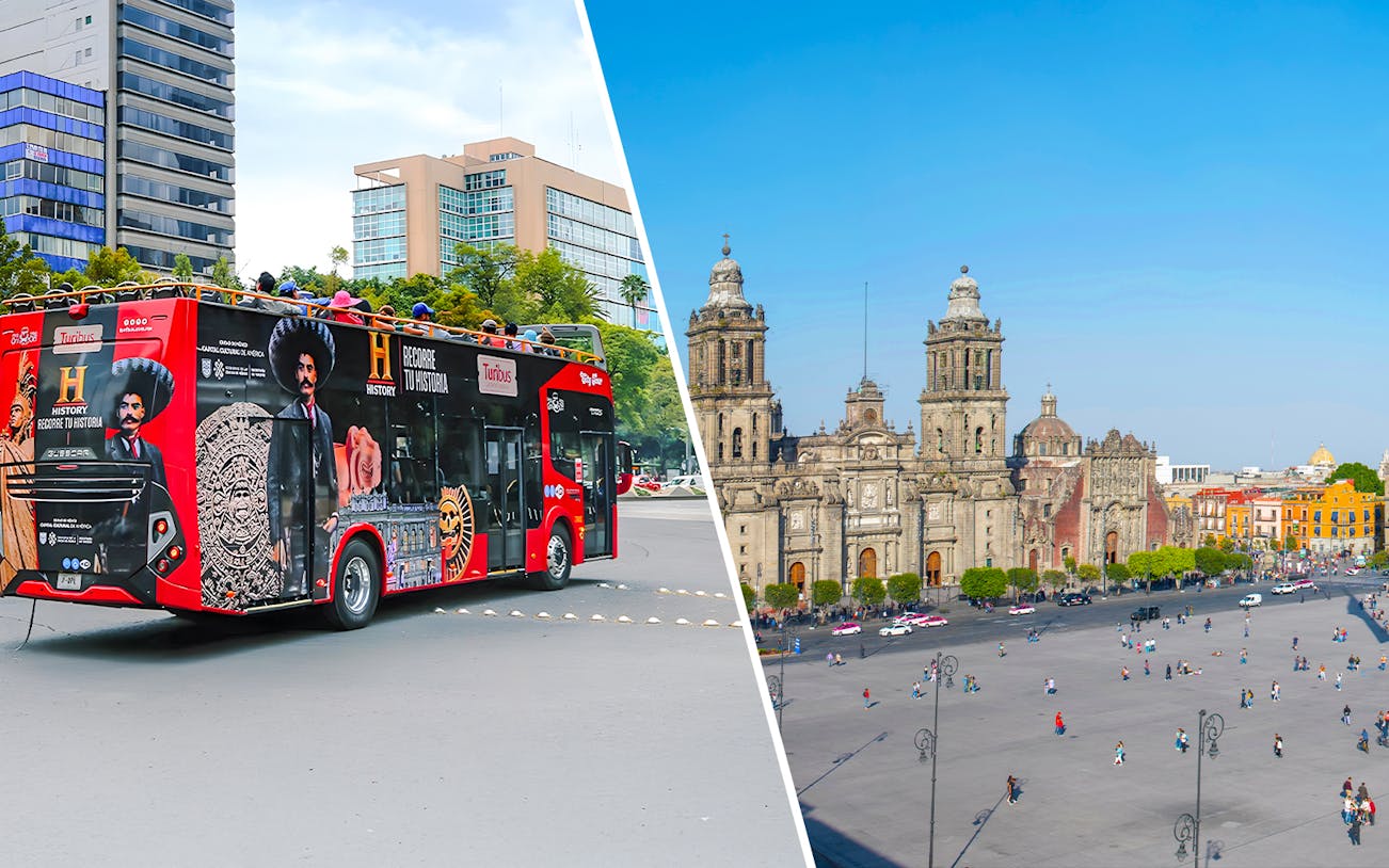 Hop-on hop-off bus in Mexico City with view of historic center and Metropolitan Cathedral.