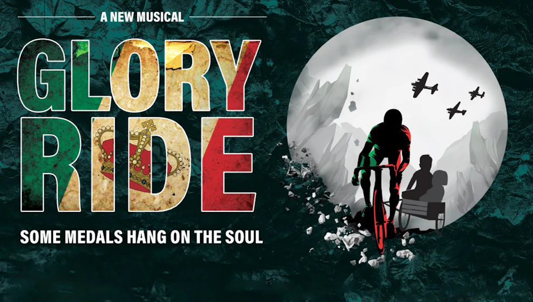 Cyclist with passengers in a cart, planes overhead, promoting "Glory Ride" musical.