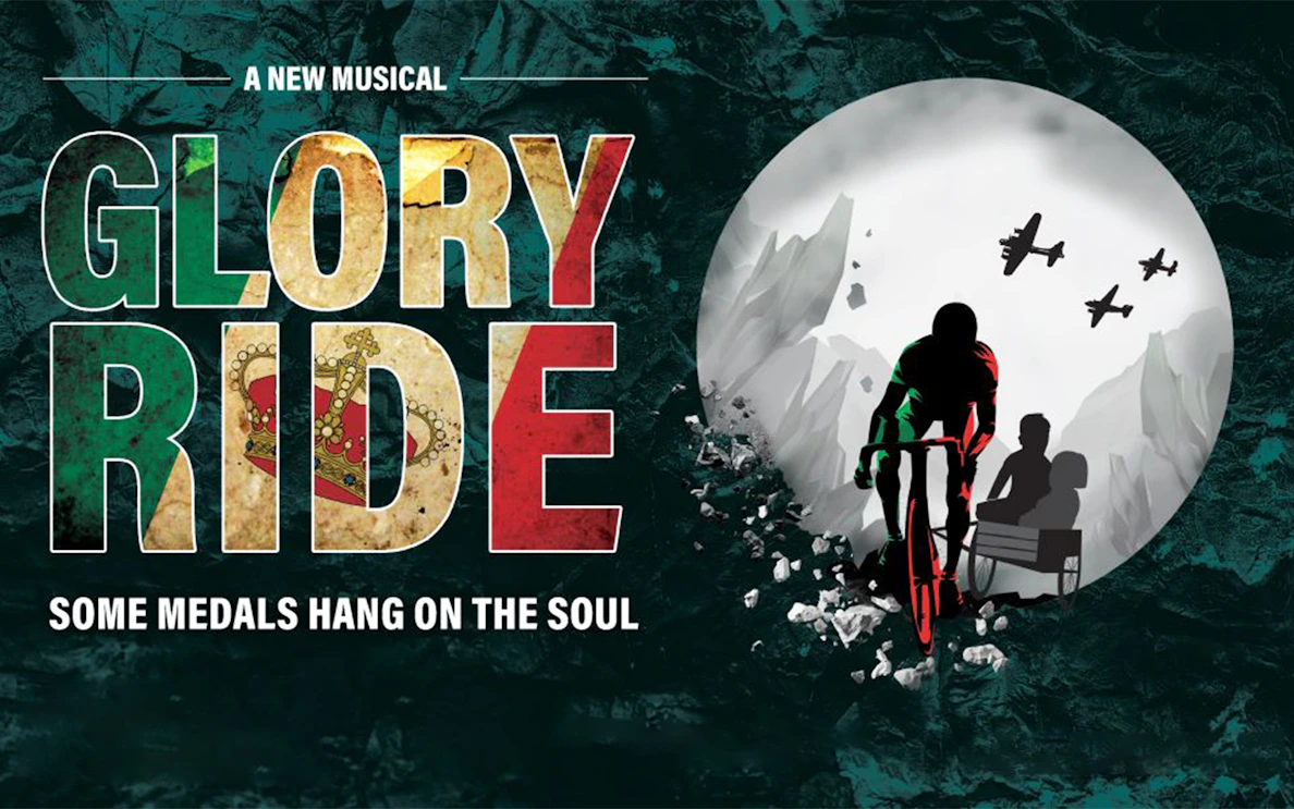 Cyclist with passengers in a cart, planes overhead, promoting "Glory Ride" musical.