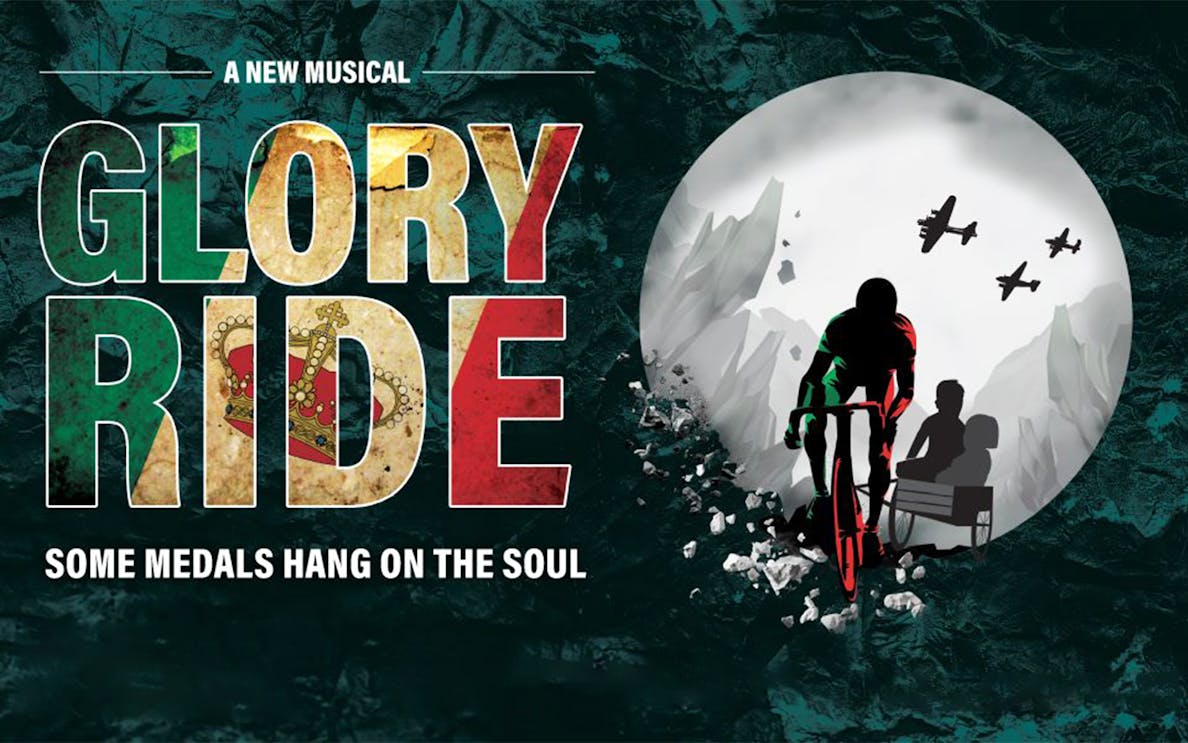 Cyclist with passengers in a cart, planes overhead, promoting "Glory Ride" musical.