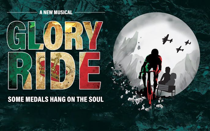 Cyclist with passengers in a cart, planes overhead, promoting "Glory Ride" musical.