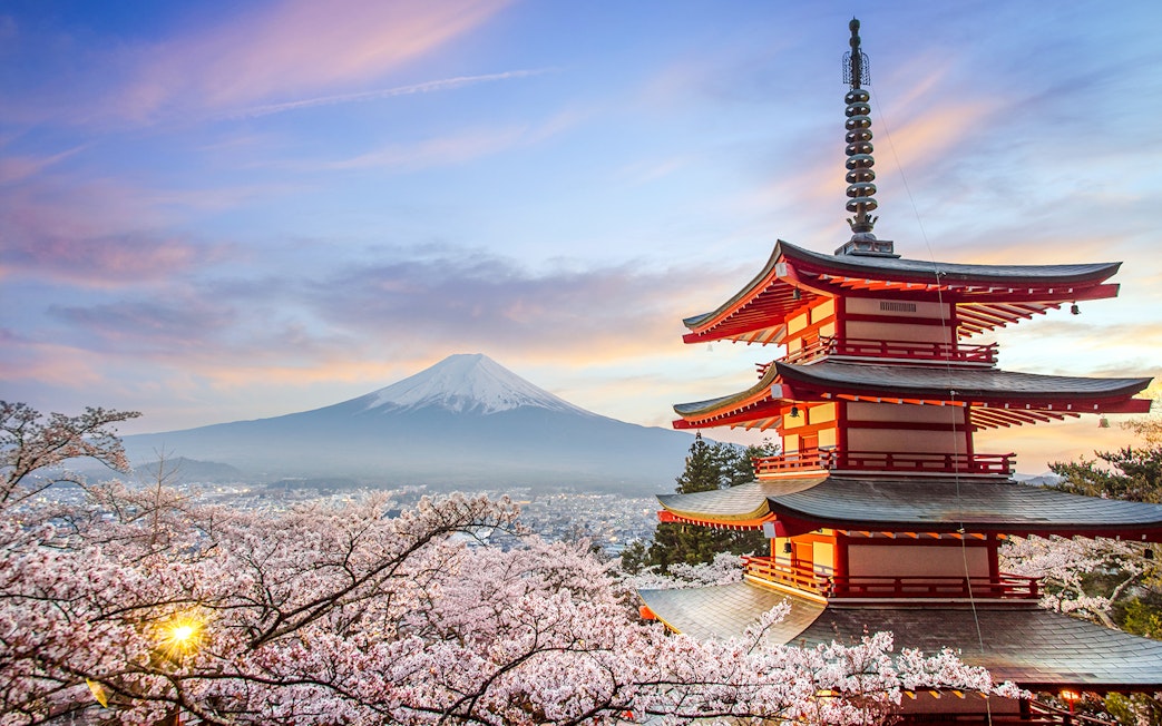 Chureito Pagoda with Mount Fuji in the background at sunset, Fujiyoshida, Japan.