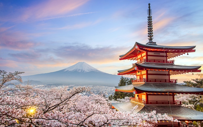 Chureito Pagoda with Mount Fuji in the background at sunset, Fujiyoshida, Japan.