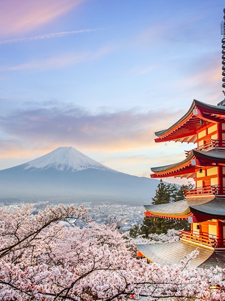 Chureito Pagoda with Mount Fuji in the background at sunset, Fujiyoshida, Japan.
