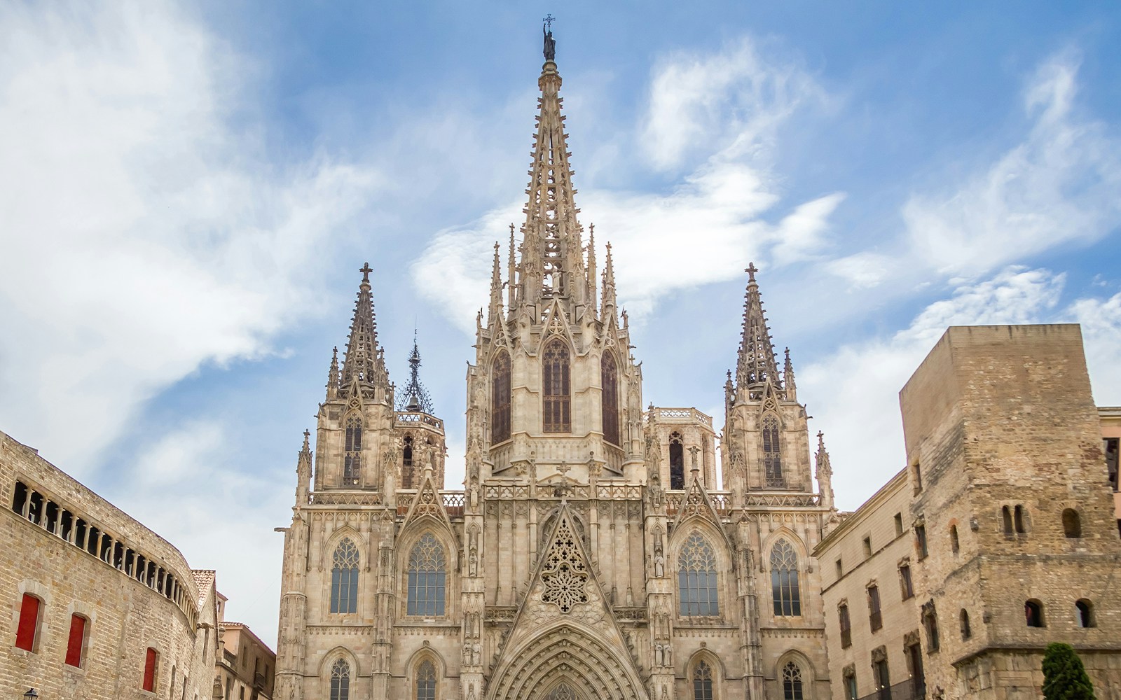 Cathedral of Barcelona facade with Gothic architecture details in Barcelona, Spain.
