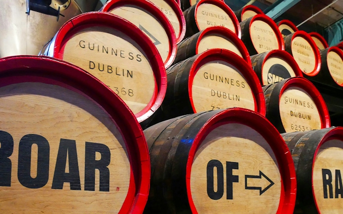 Barrels stacked at The Guinness Storehouse in Dublin, Ireland.