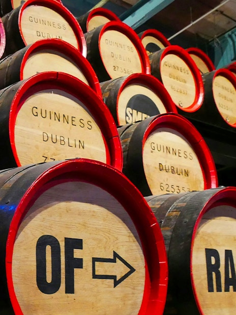 Barrels stacked at The Guinness Storehouse in Dublin, Ireland.