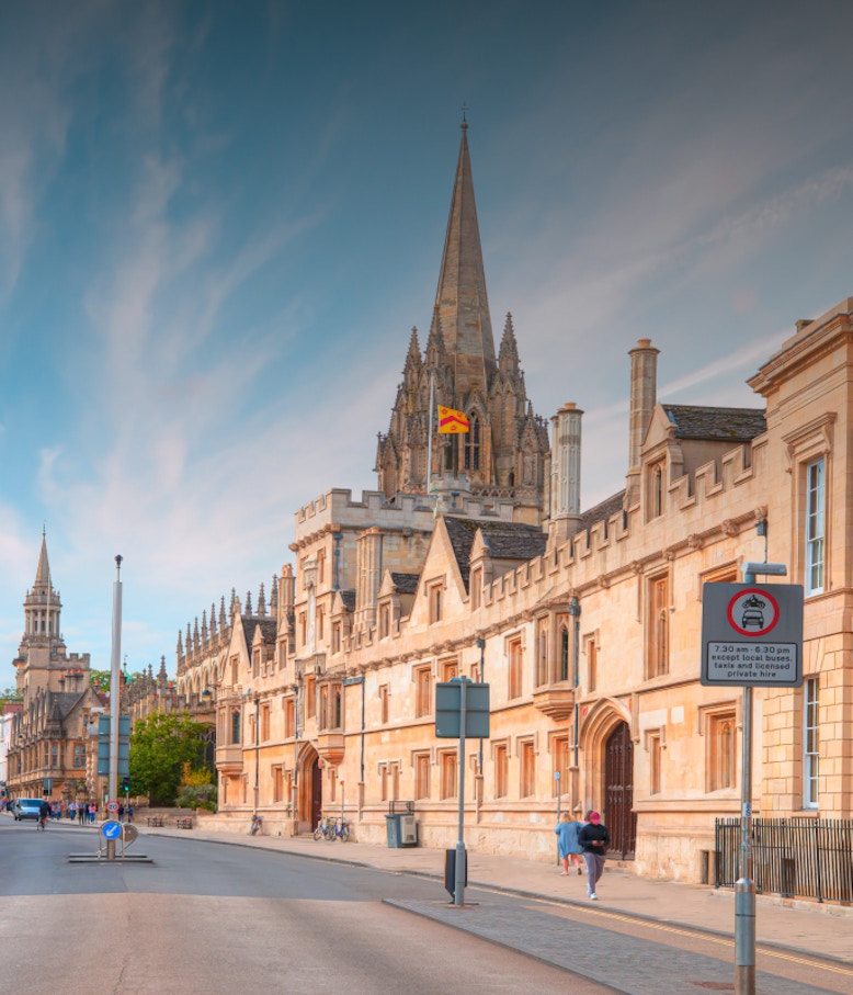 Oxford University campus with historic architecture in Oxford, United Kingdom.
