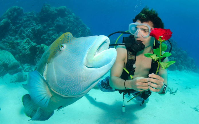 Scuba diver holding a rose near a large fish at the Great Barrier Reef.