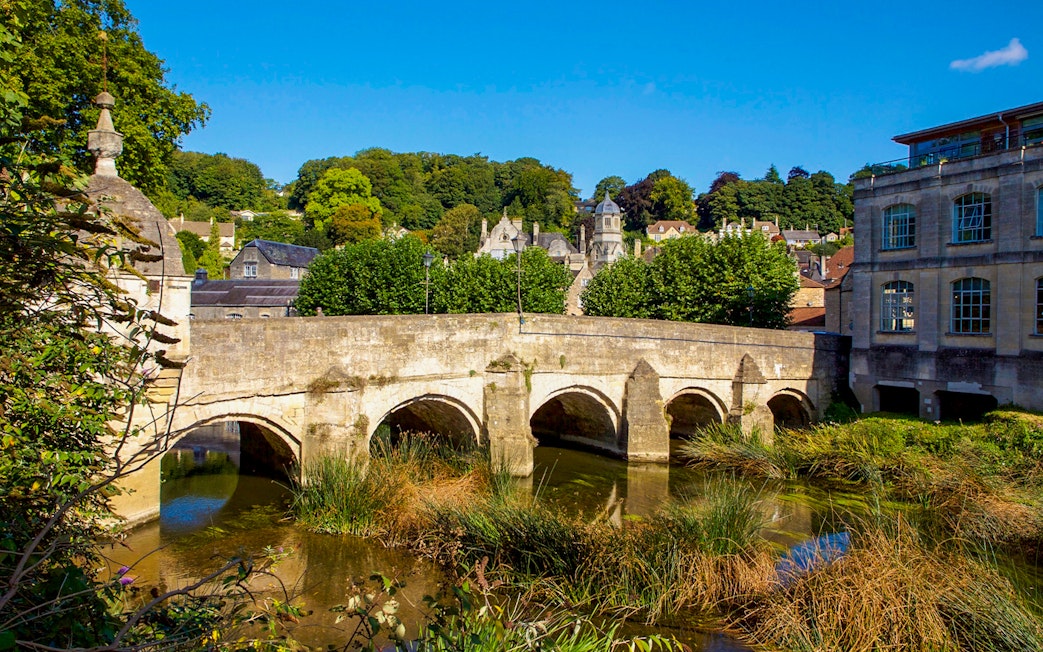 Historic bridge over river in Bath, England, surrounded by greenery and historic buildings.