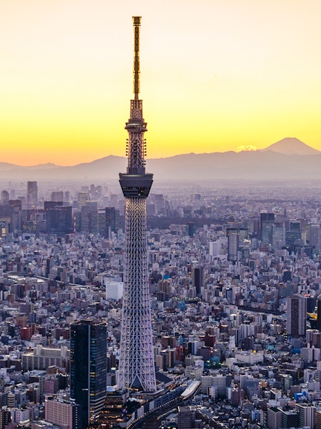 Tokyo Skytree at sunset with cityscape and Mount Fuji in the background.