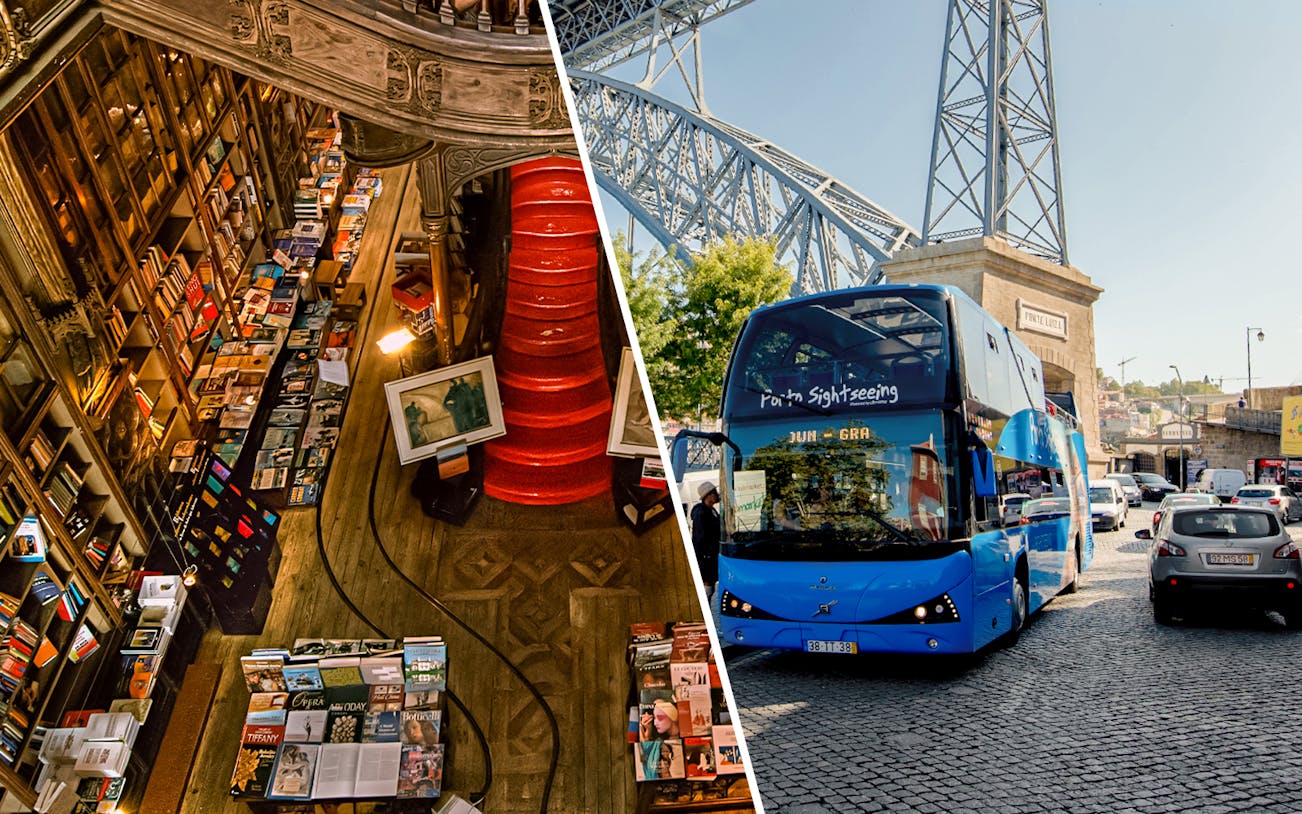 Porto cityscape with a red double-decker bus on a hop-on hop-off tour route.