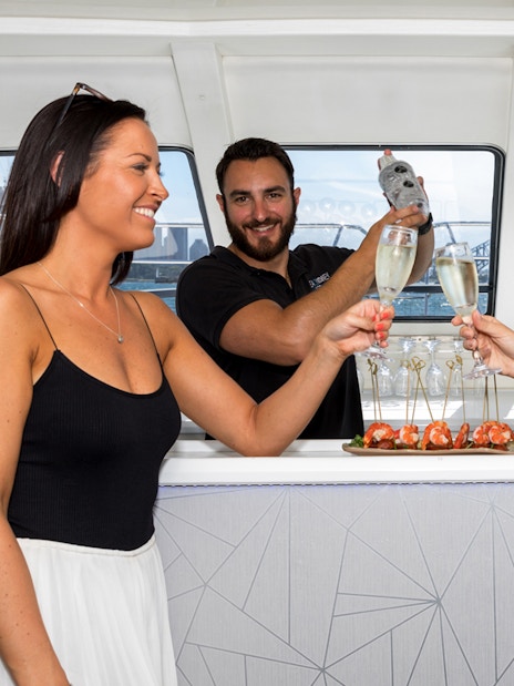 Guests toasting with drinks on Vivid Sydney Intimate Cruise, canapés in background.