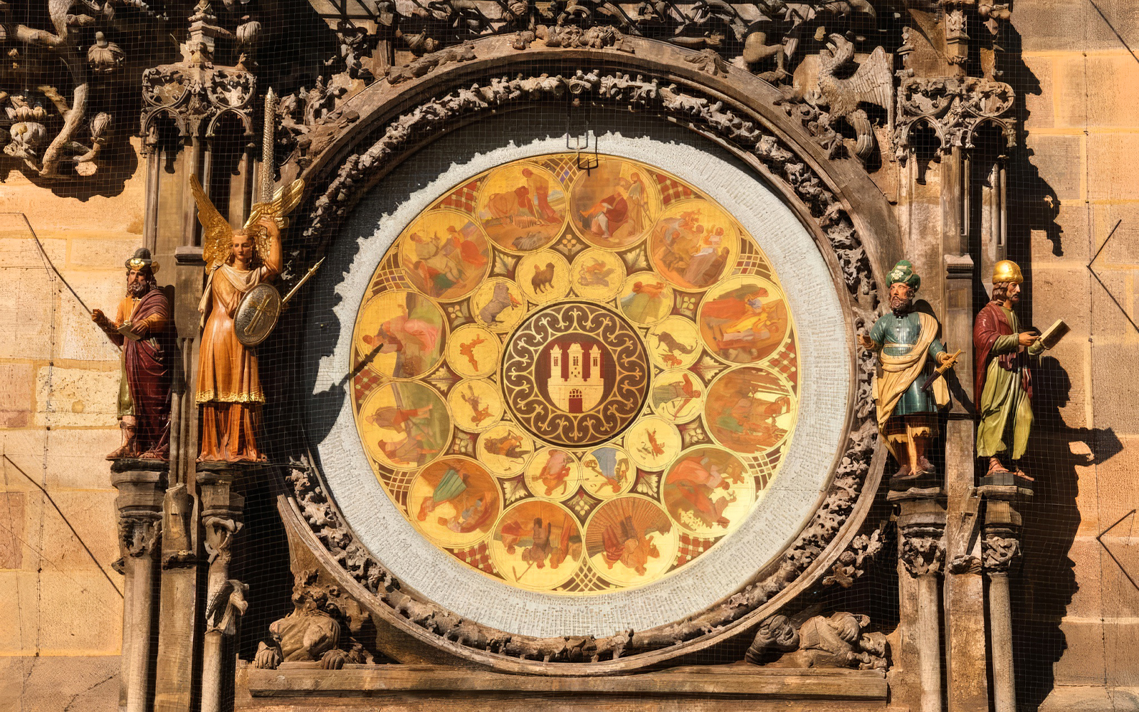 Prague Astronomical Clock detail with zodiac signs and statues, Prague.