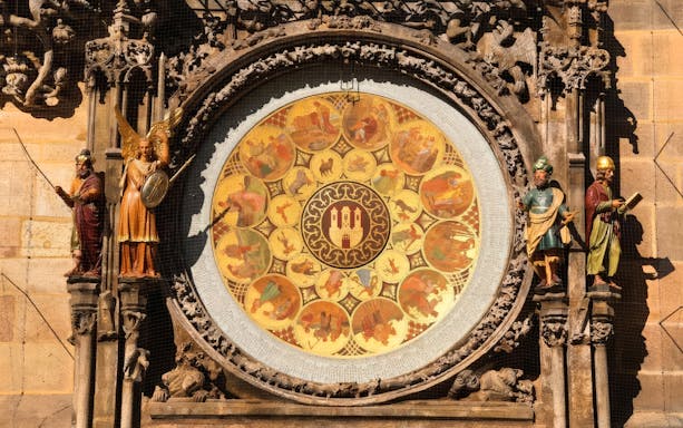 Prague Astronomical Clock detail with zodiac signs and statues, Prague.