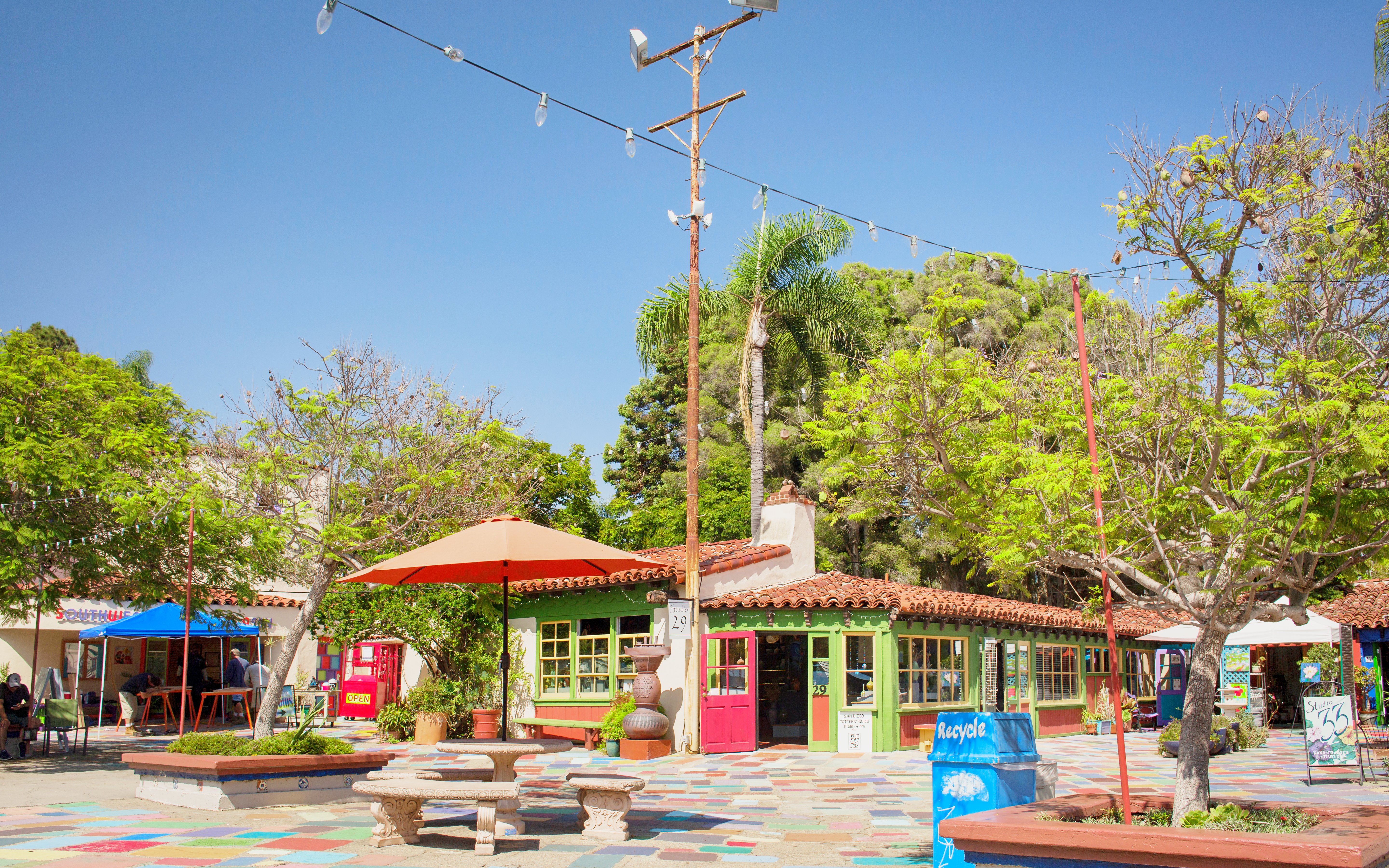 Colorful Spanish Village Art Center courtyard in Balboa Park, San Diego.
