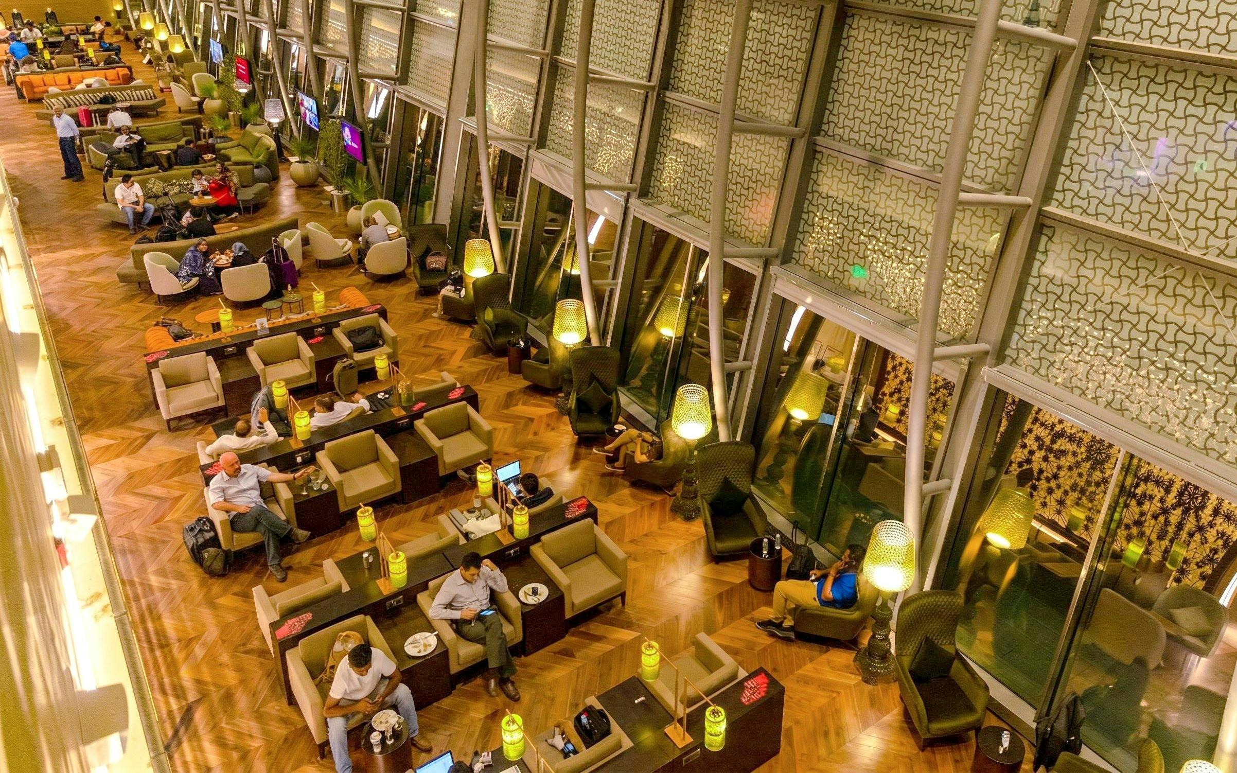 Primeclass Lounge seating area at Muscat International Airport's International Departures.