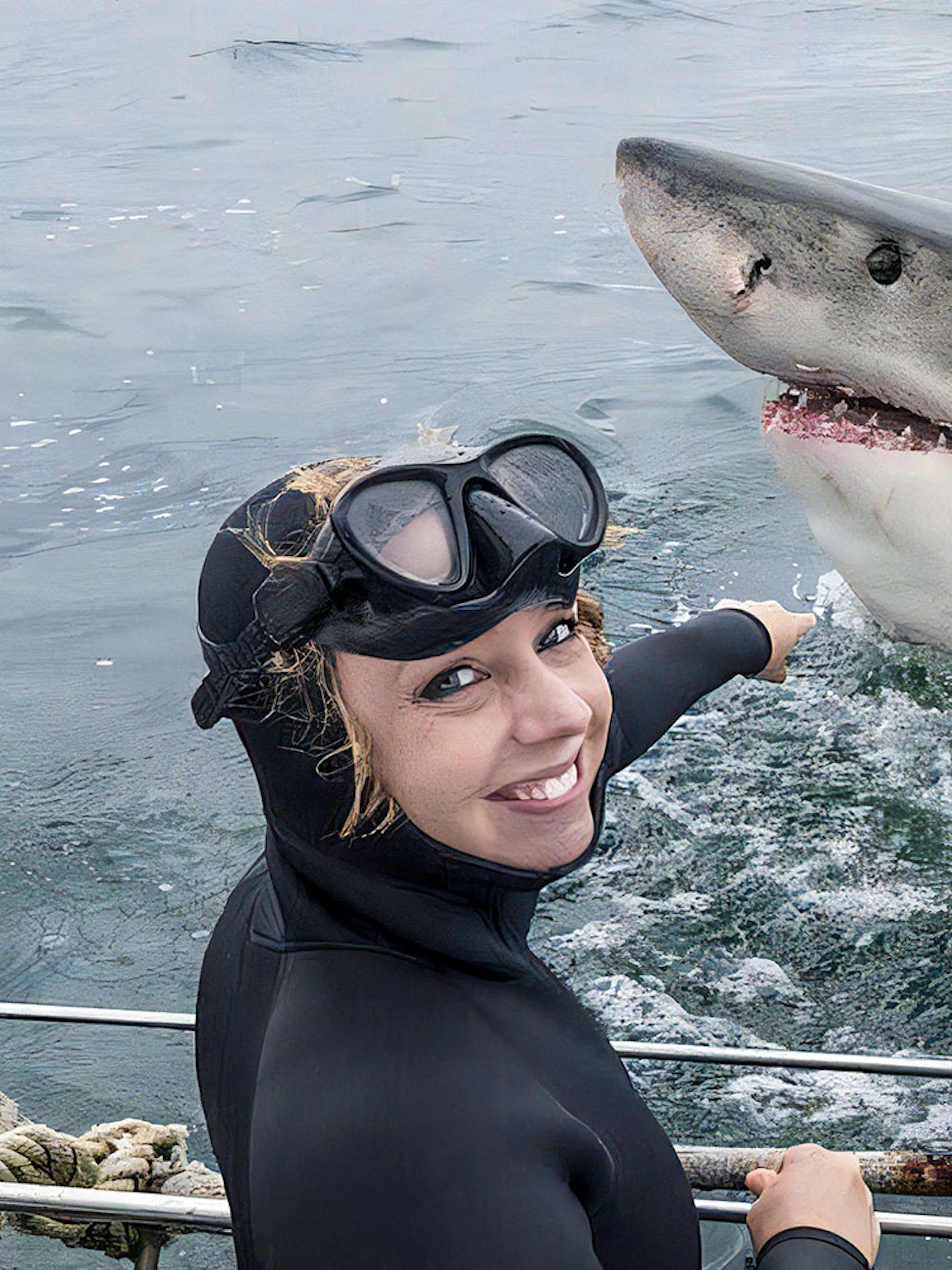 Diver pointing at great white shark during cage diving tour.