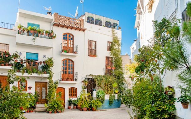 Street view of whitewashed buildings with potted plants in Lanjarón, Granada, Andalusia.