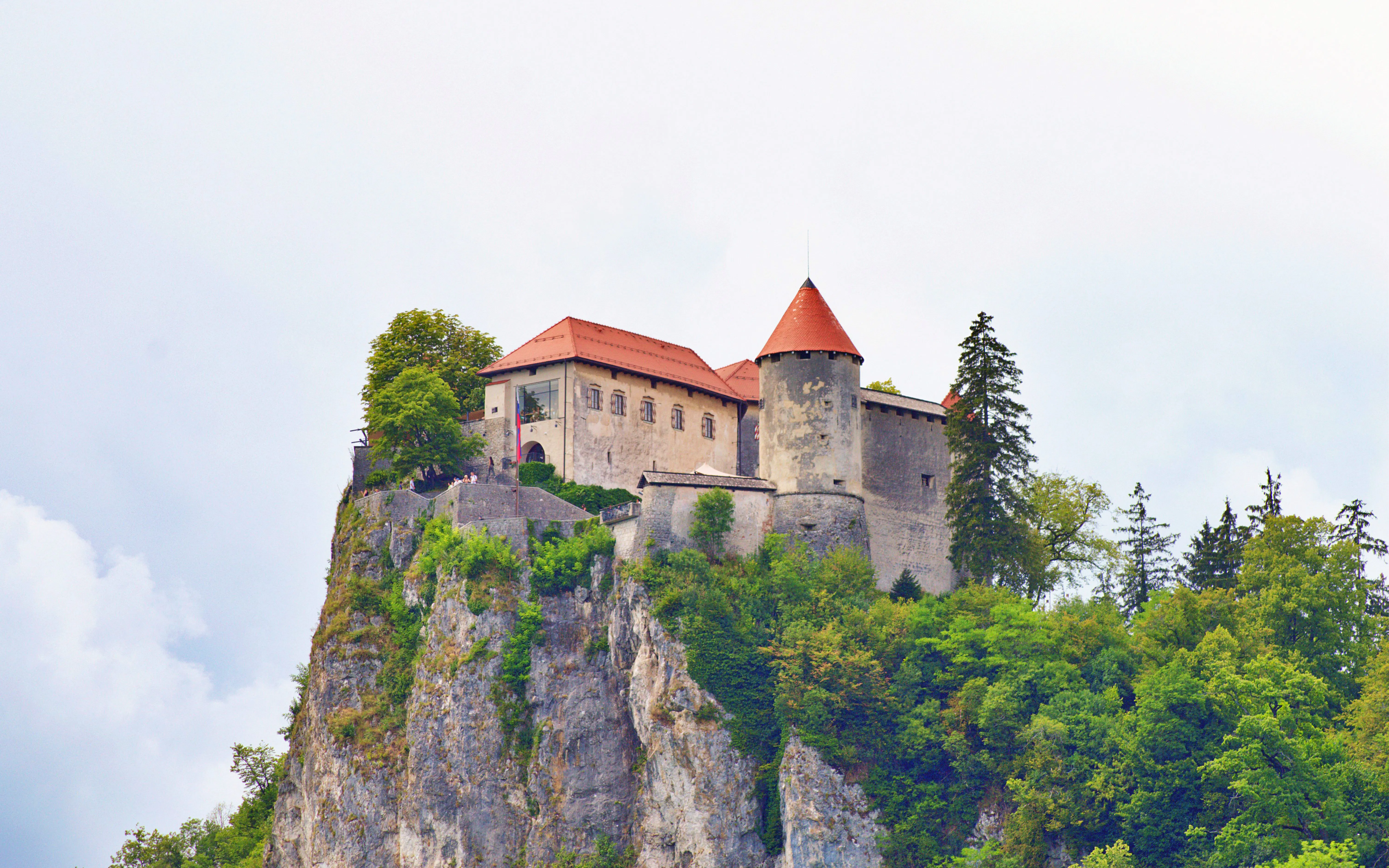 Bled Castle perched on a cliff above Lake Bled, Slovenia.