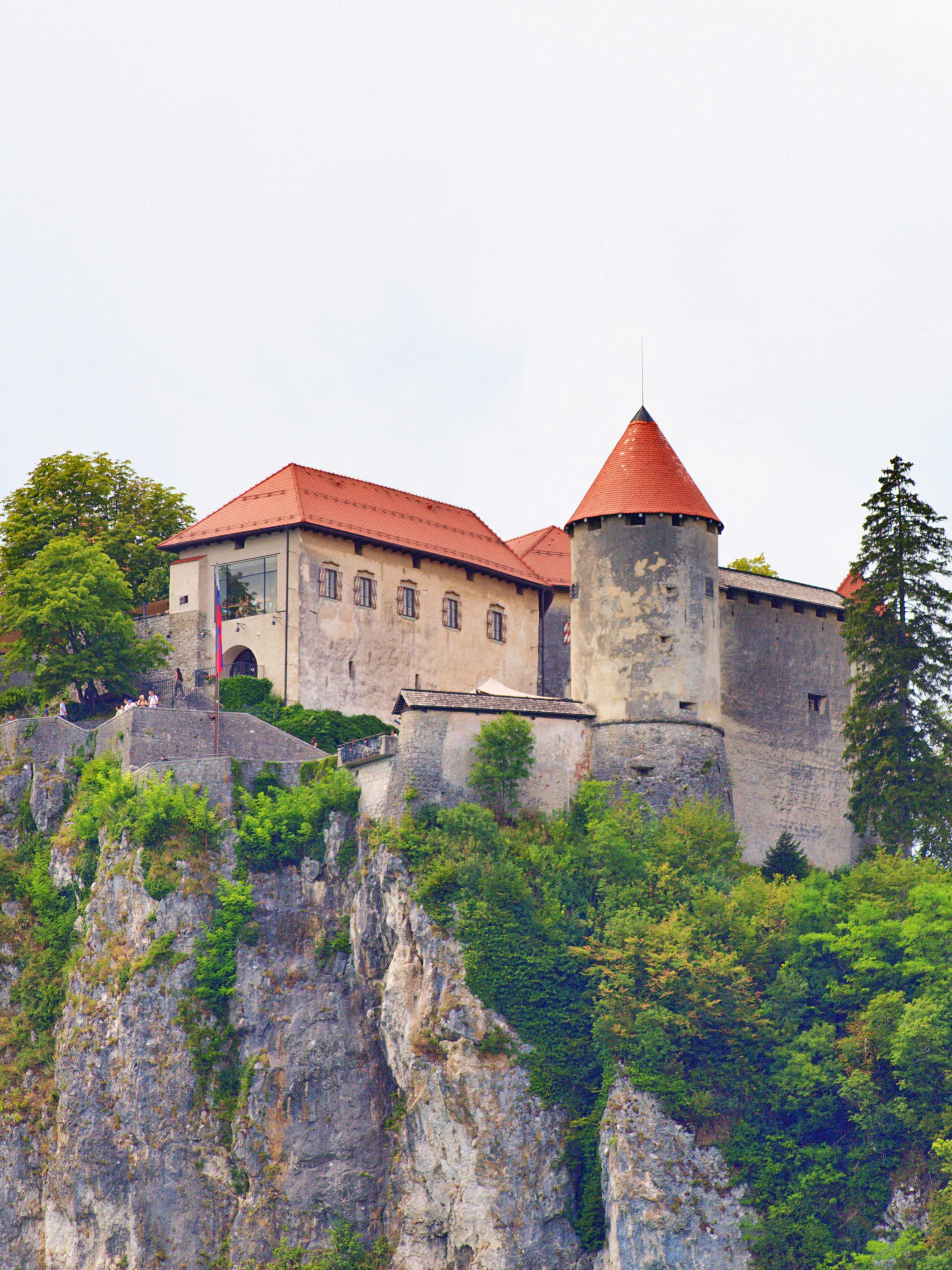 Bled Castle perched on a cliff above Lake Bled, Slovenia.