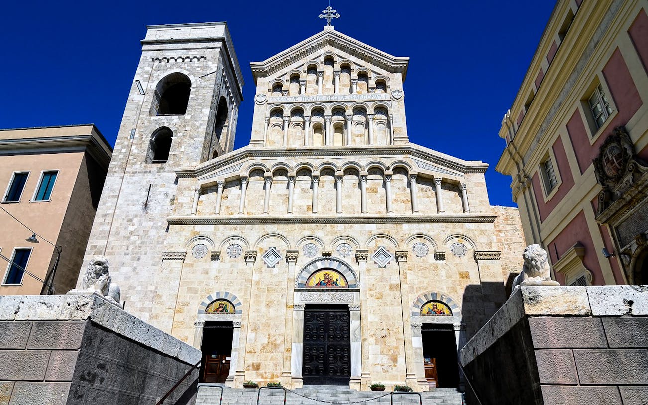 Cagliari Cathedral facade on a guided tour of the historic center.