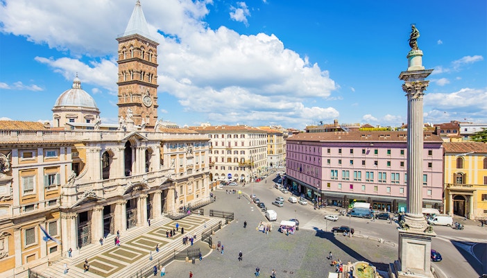Aerial view of Basilica Santa Maria Maggiore and Piazza Esquilino in Rome.