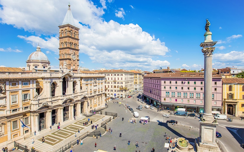 Aerial view of Basilica Santa Maria Maggiore and Piazza Esquilino in Rome.