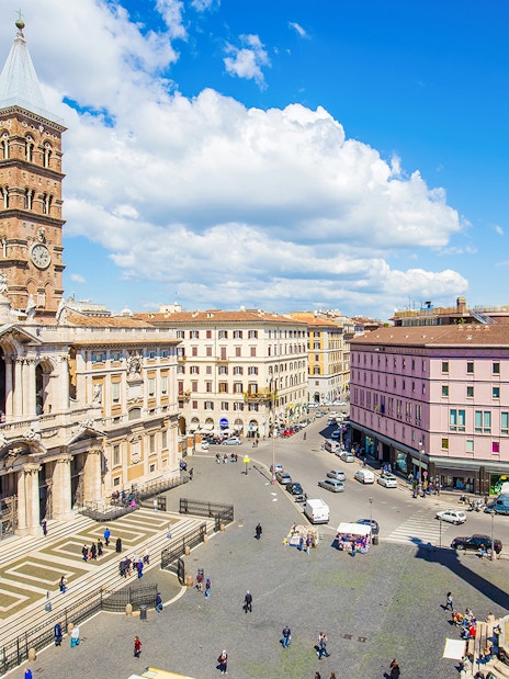 Aerial view of Basilica Santa Maria Maggiore and Piazza Esquilino in Rome.
