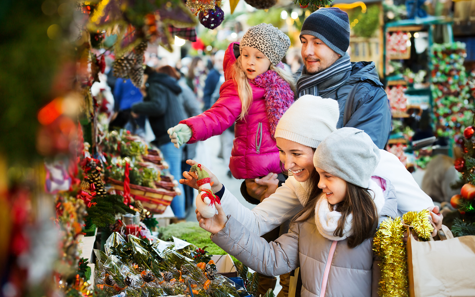 Lisbon Christmas market with festive stalls and decorations in Portugal.