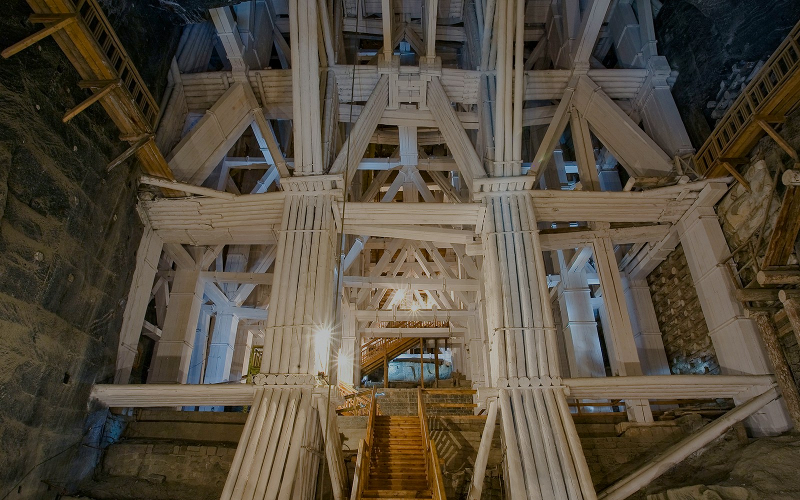 Wieliczka Salt Mine wooden beams supporting underground structure.