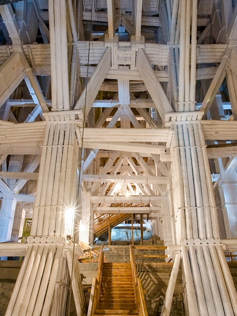 Wieliczka Salt Mine wooden beams supporting underground structure.