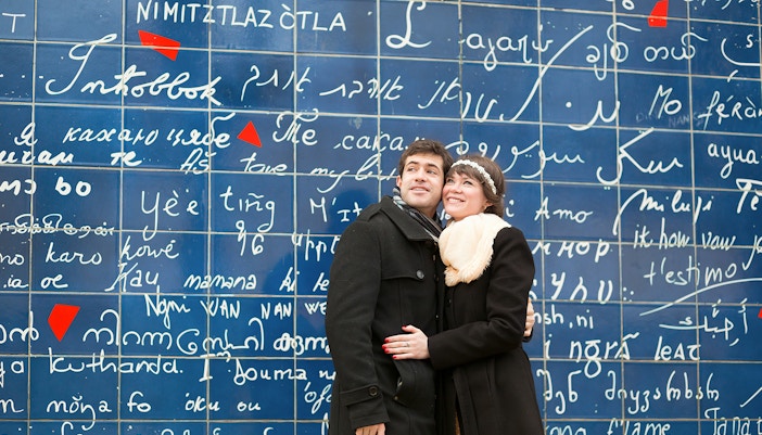 Wall of Love in Montmartre with multilingual love inscriptions, Paris, France.