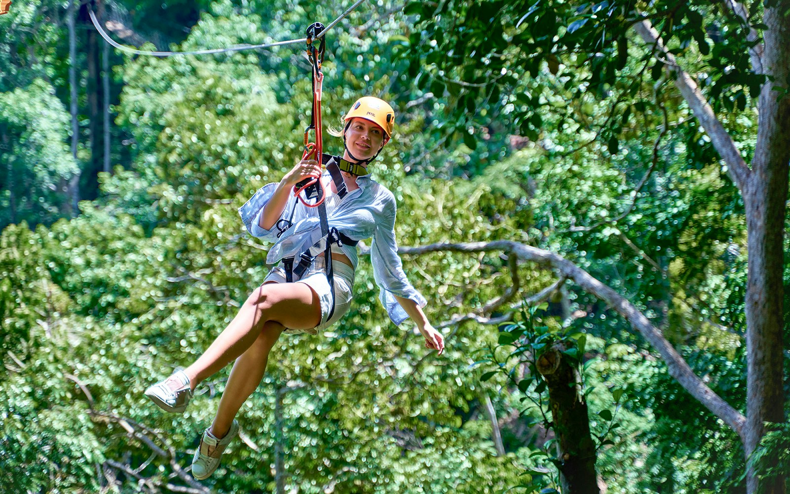 Ziplining over lush forest with ocean view in Erawan Patong, Phuket.