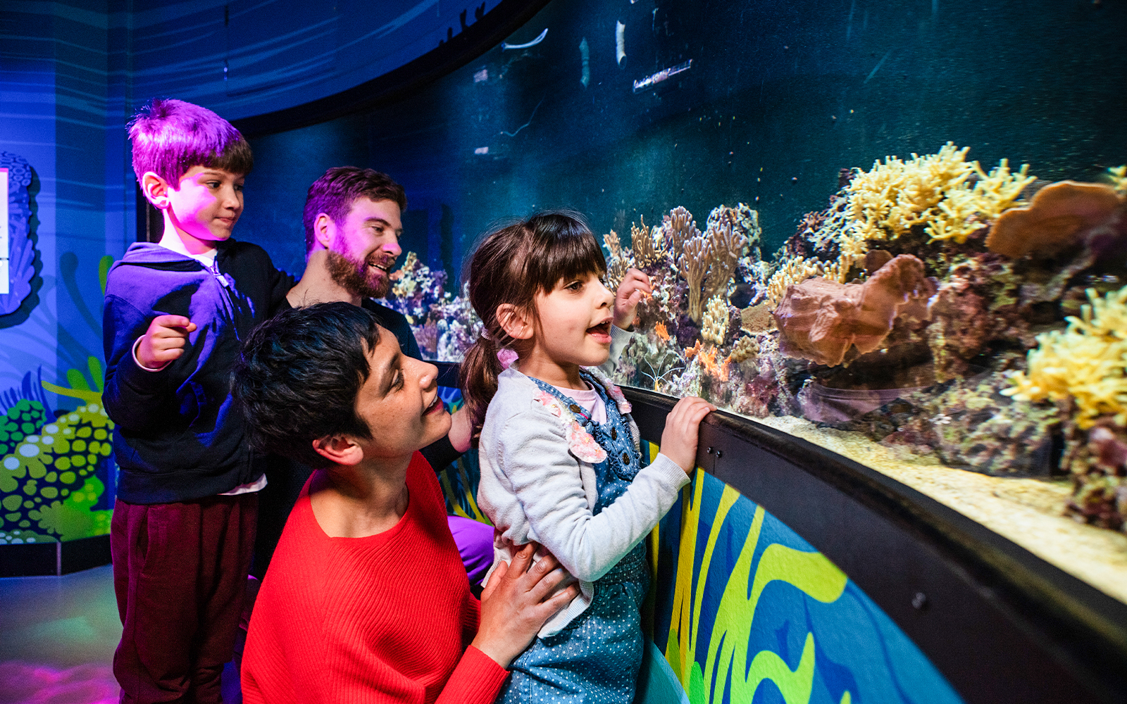 Family observing coral reef exhibit at SEA LIFE London.