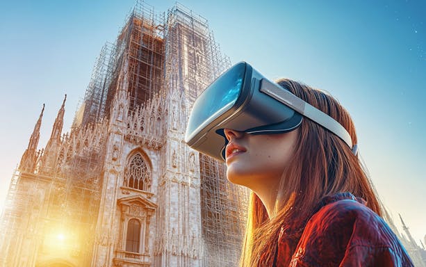 Person using VR headset in front of Duomo Milan Cathedral.