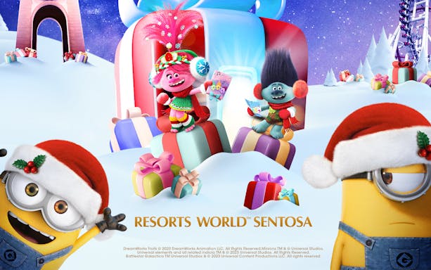 Universal Studios Singapore Christmas event with characters and festive decorations.