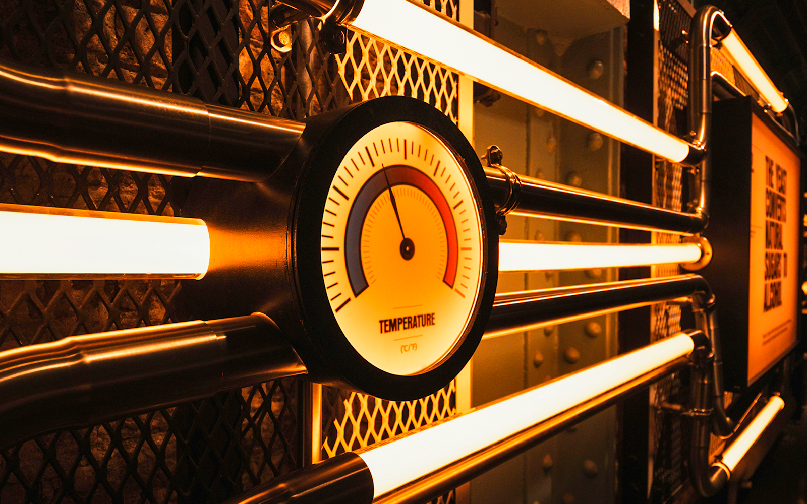 Temperature gauge and pipes inside the Guinness Storehouse, Dublin.