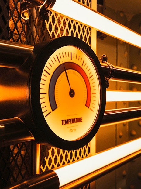 Temperature gauge and pipes inside the Guinness Storehouse, Dublin.