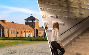 Guided tour at Oskar Schindler's Factory, Krakow, featuring historical exhibits and architecture.