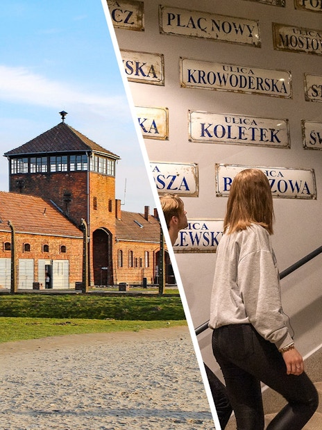 Guided tour at Oskar Schindler's Factory, Krakow, featuring historical exhibits and architecture.