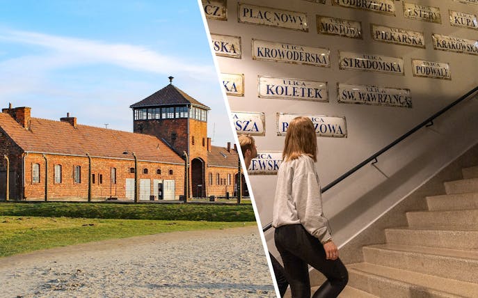 Guided tour at Oskar Schindler's Factory, Krakow, featuring historical exhibits and architecture.