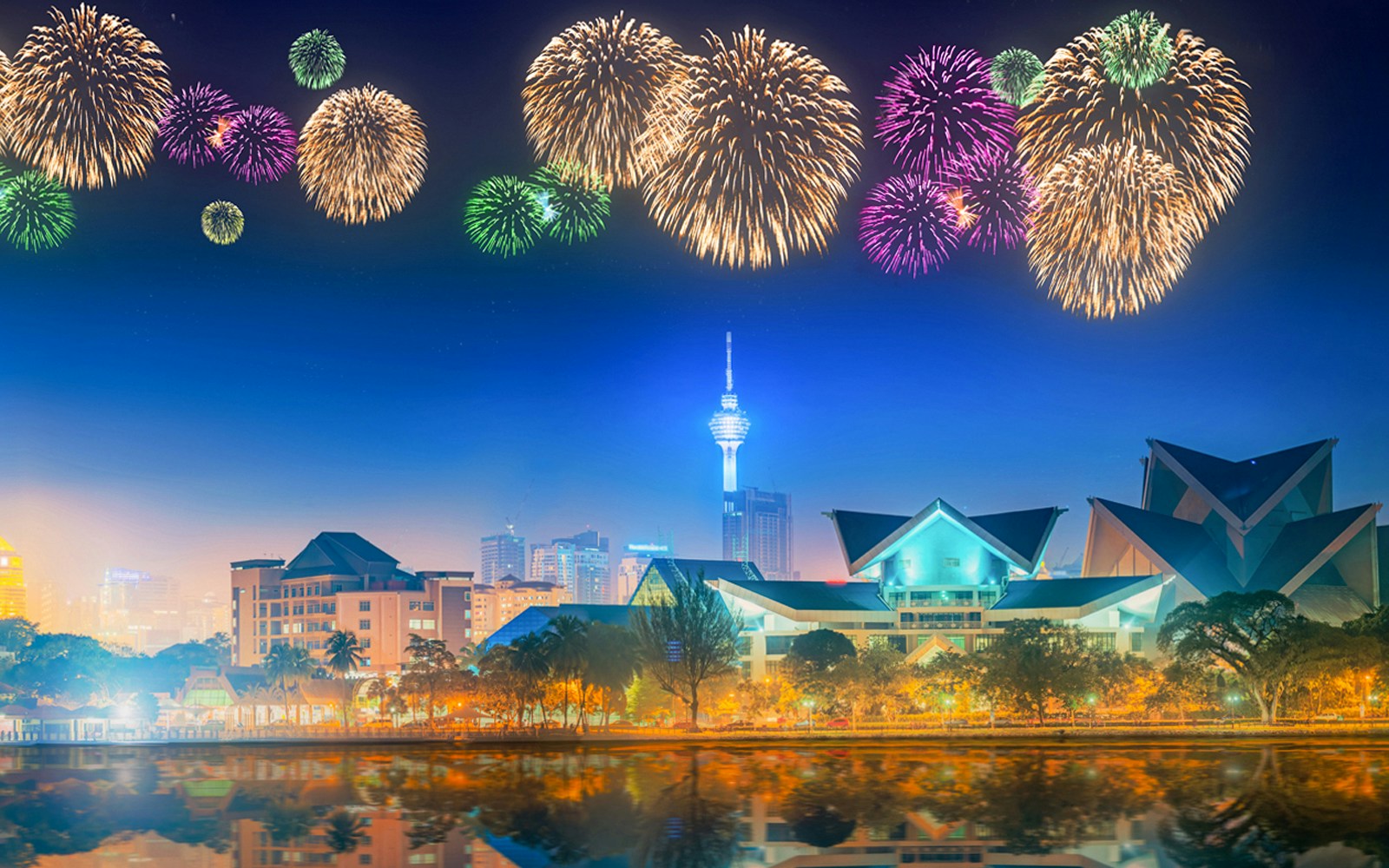 Fireworks over KL Tower during New Year Eve celebration in Kuala Lumpur.