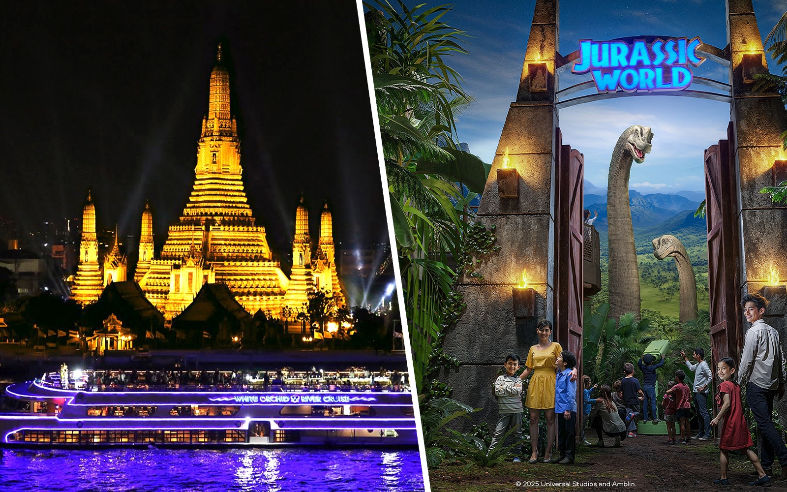 White Orchid River Cruise boat at night with Wat Arun temple illuminated in Bangkok.