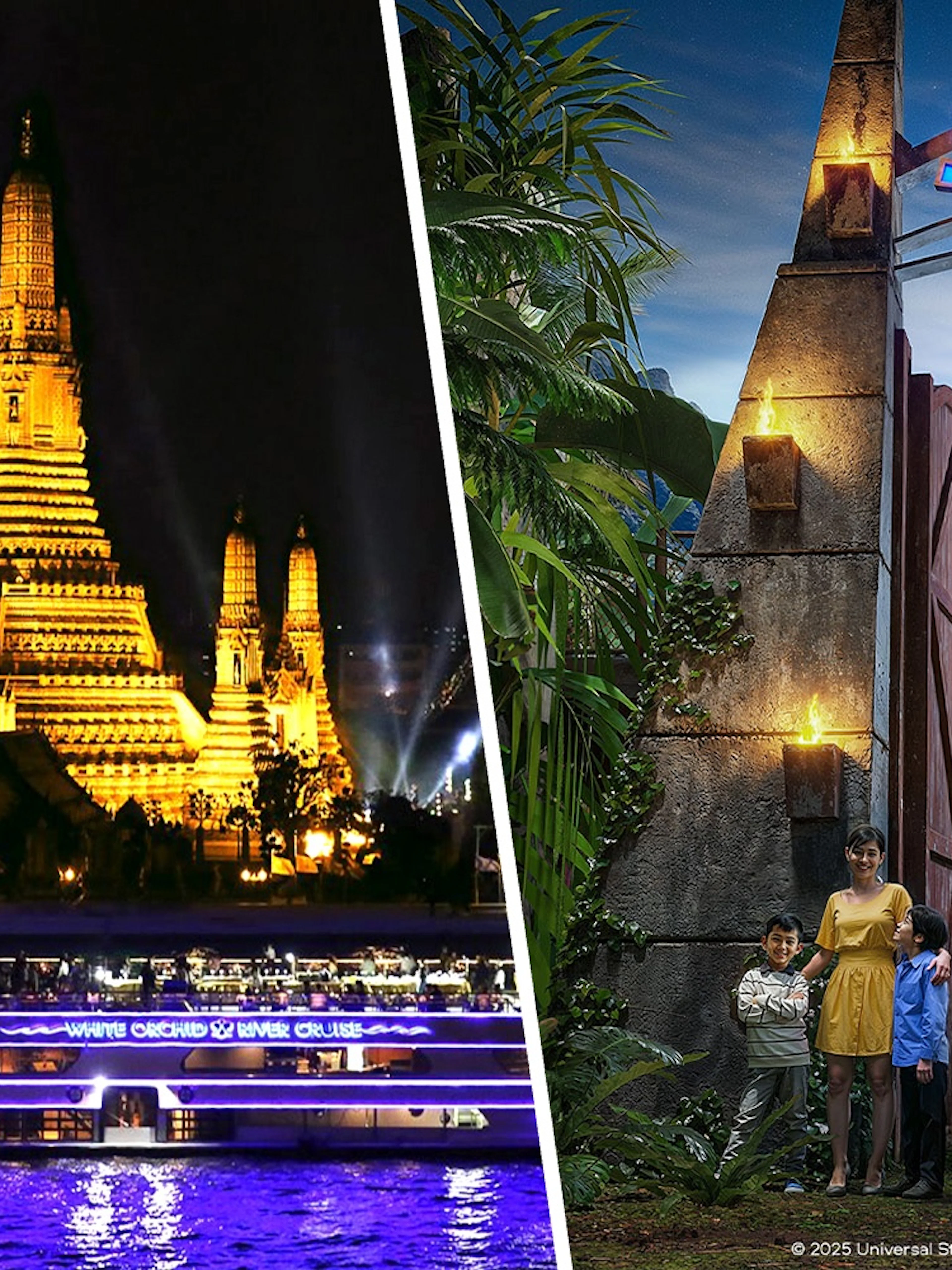 White Orchid River Cruise boat at night with Wat Arun temple illuminated in Bangkok.