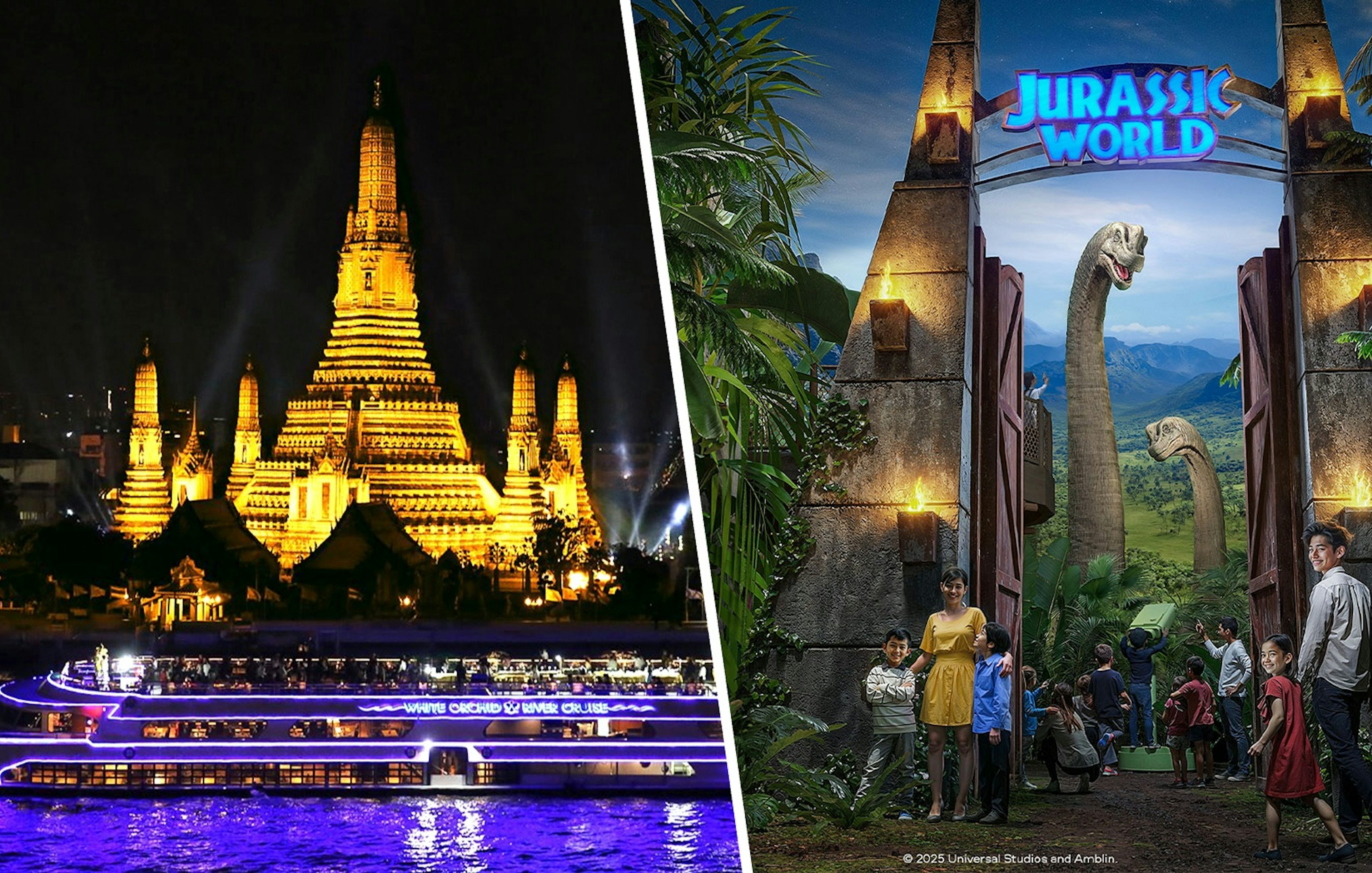 White Orchid River Cruise boat at night with Wat Arun temple illuminated in Bangkok.